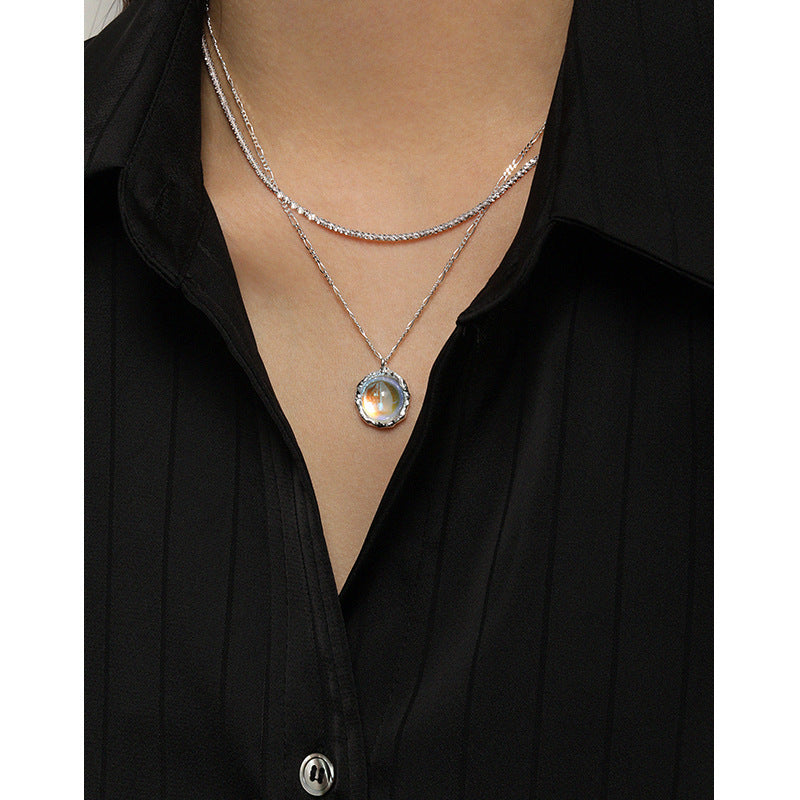 371 Korean version ins niche design sense geometric round inlaid moonstone pendant texture S925 sterling silver necklace women OPHRASTUDIO