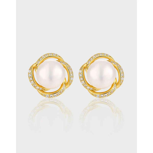 Diamond Bloom Silver Pearl Stud Earrings