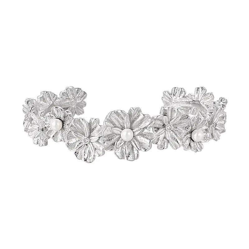 Retro Flower Silver Pearl Cuff Bracelet
