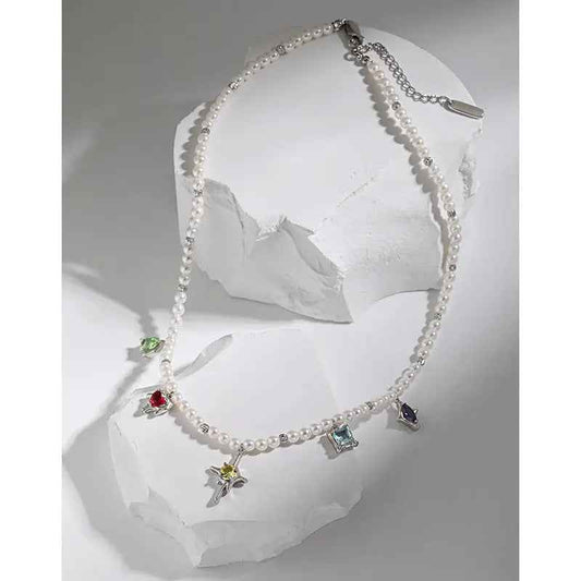 Aurora's Color Zircon Silver Pearl Necklace