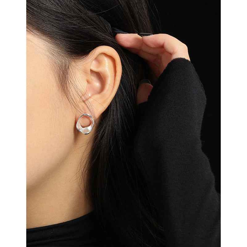 Geometric Ring Texture Silver Stud Earrings