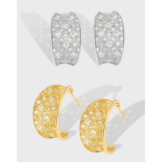 Curved Woven Mesh Silver Hoop Earrings