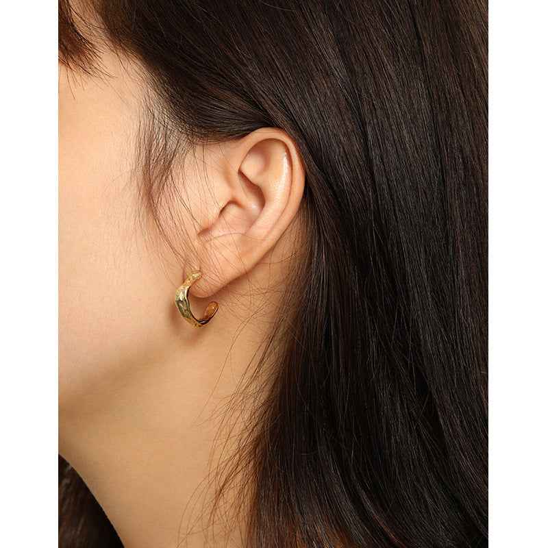 Concave-Convex Surface C-Shaped Silver Hoop Earrings