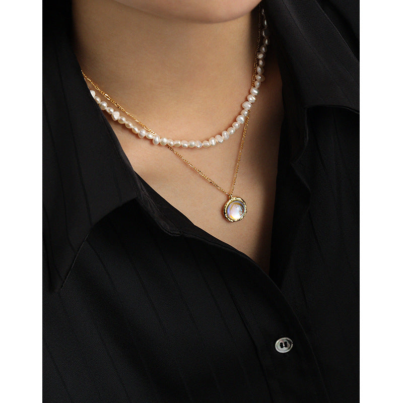 371 Korean version ins niche design sense geometric round inlaid moonstone pendant texture S925 sterling silver necklace women OPHRASTUDIO