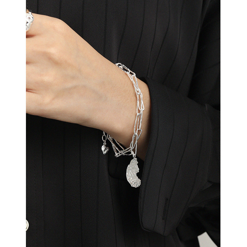 Irregular Moon Texture Silver Chain Bracelet