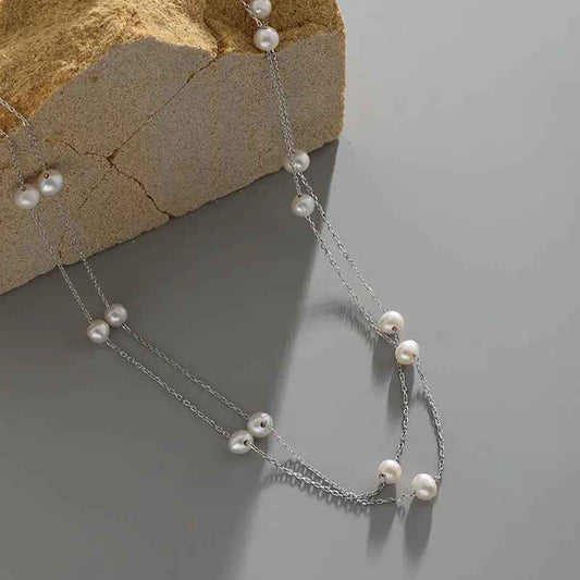 Lumina's Double Layer Silver Pearl Necklace