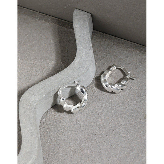 Minimalist Irregular Surface Twist Silver Huggie Earrings