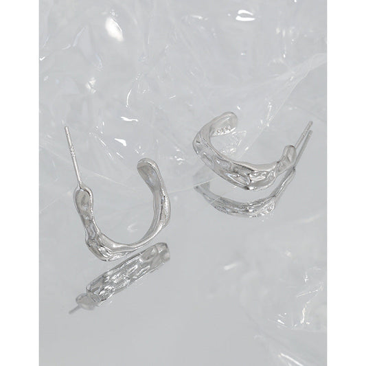 Concave-Convex Surface C-Shaped Silver Hoop Earrings