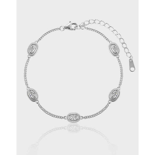 Geometric Oval Zircon-Set Silver Chain Bracelet