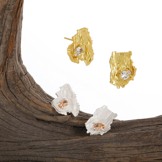 Asymmetric Bark Silver Stud Earrings