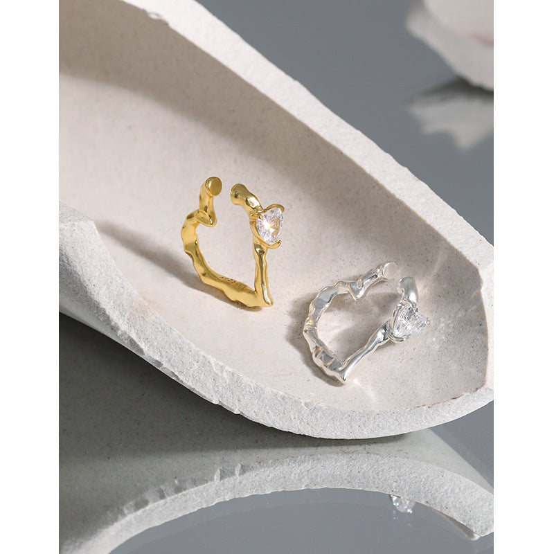 603 Korean version of INS niche design sense versatile heart-shaped micro-inlaid zircon texture S925 sterling silver earless ear clips women OPHRASTUDIO