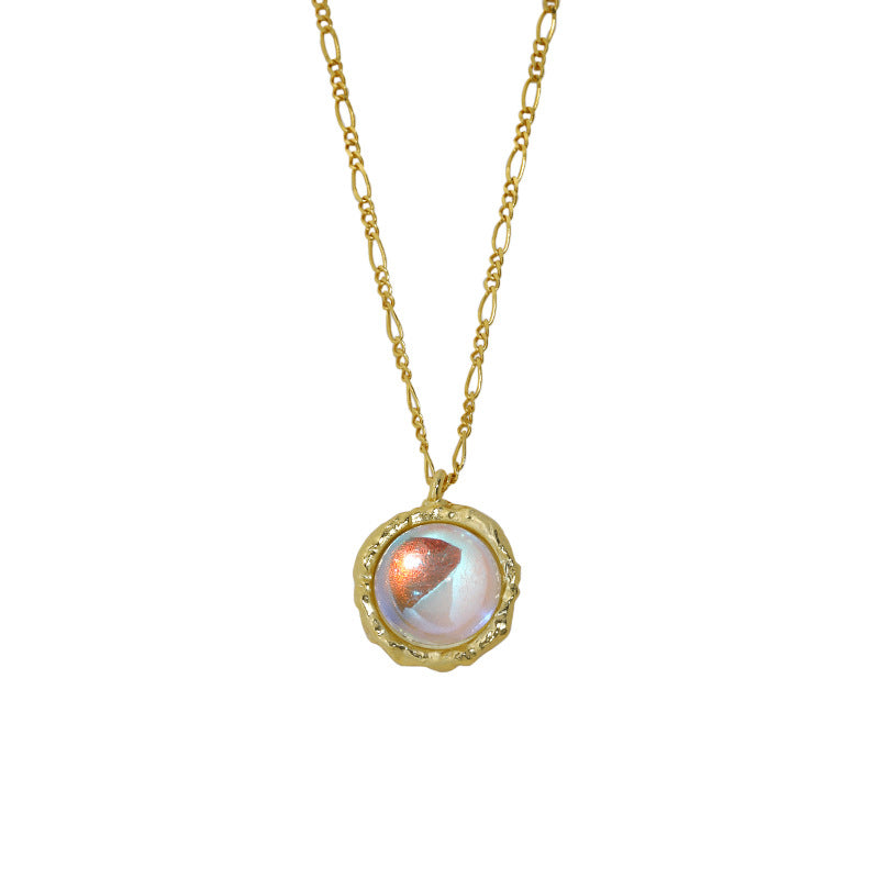 371 Korean version ins niche design sense geometric round inlaid moonstone pendant texture S925 sterling silver necklace women OPHRASTUDIO