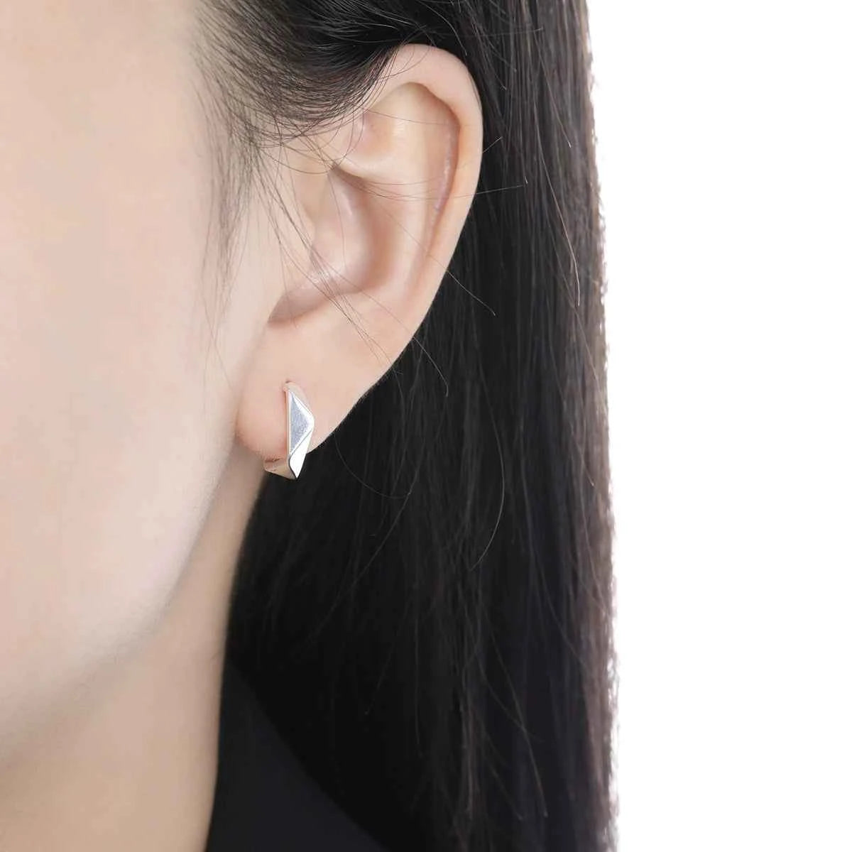Geometric Dimensional Silver Huggie Earrings