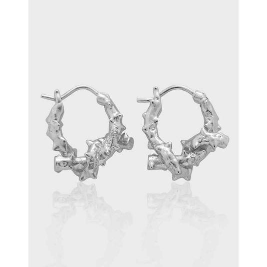 Irregular Knotted Vine Silver Huggie Earrings
