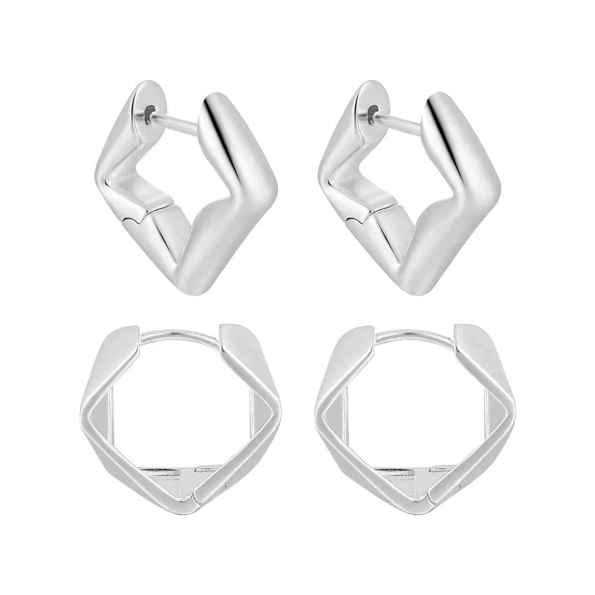 Geometric Dimensional Silver Huggie Earrings