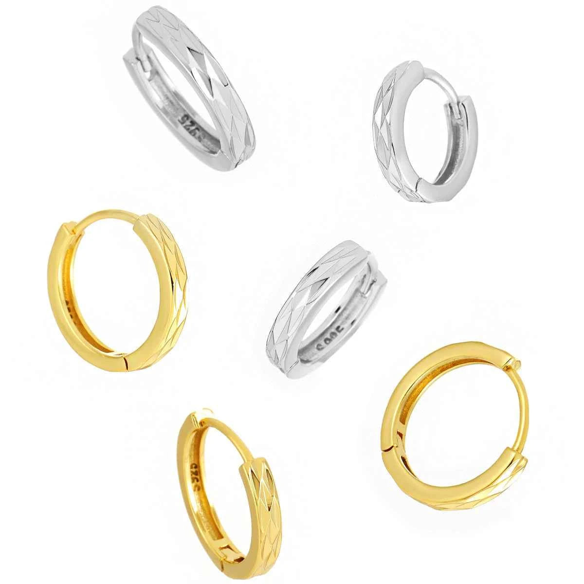 Geometric Diamond-Cut Silver Hoop Earrings