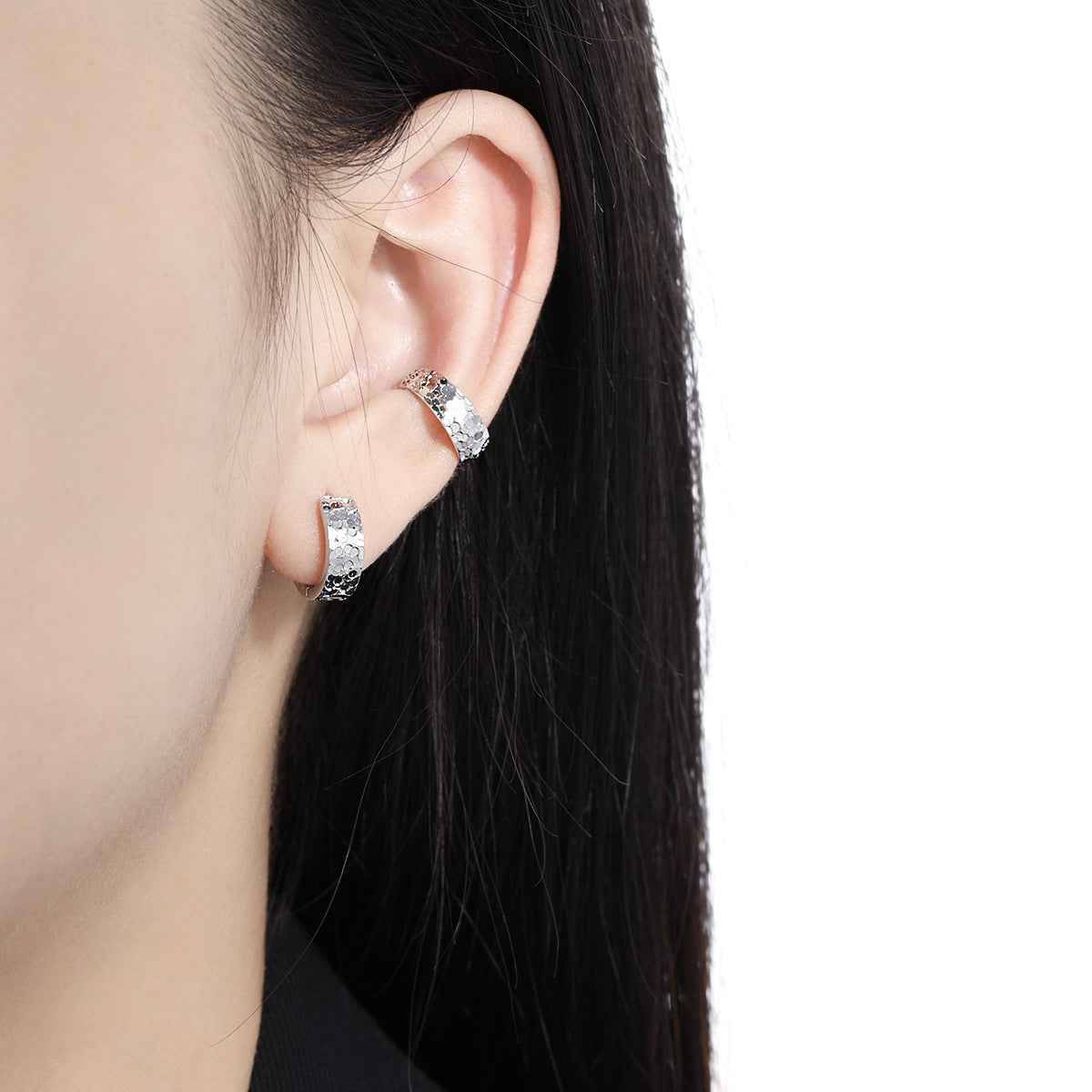 Textured Scales Silver Huggie Earrings