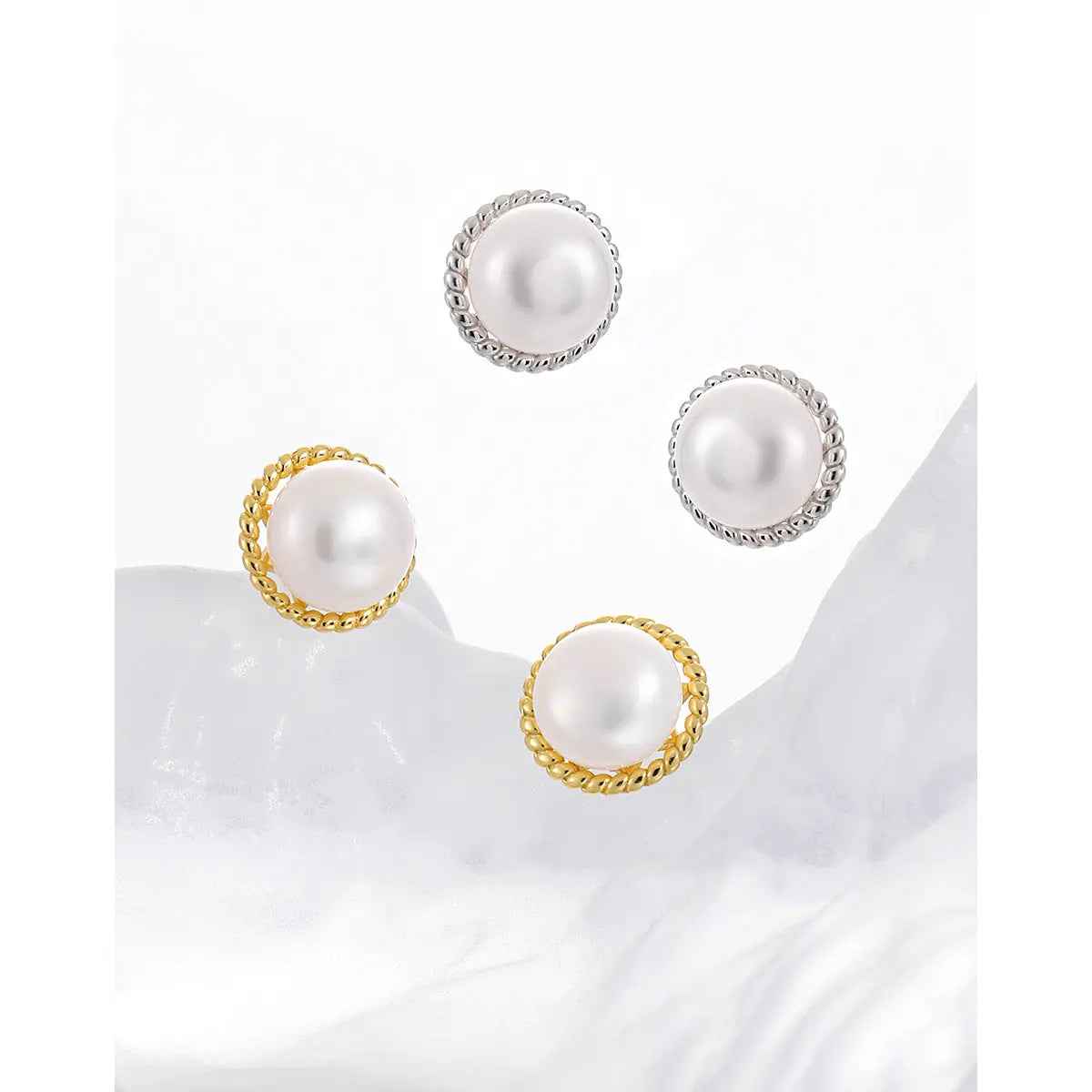 Silver Thread-Edged Silver Pearl Stud Earrings