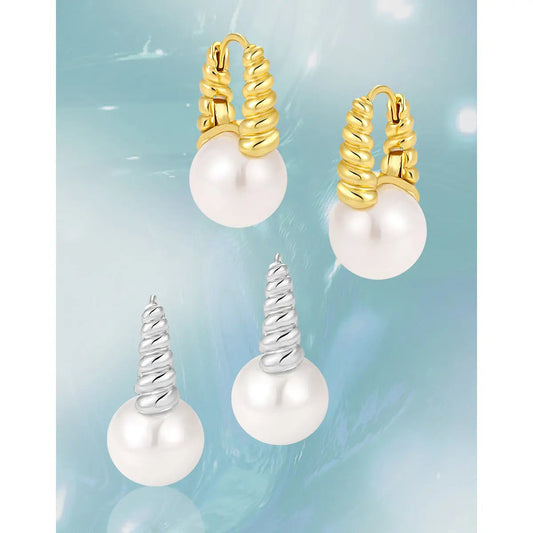 Pearl Twist Elegance Silver Huggie Earrings