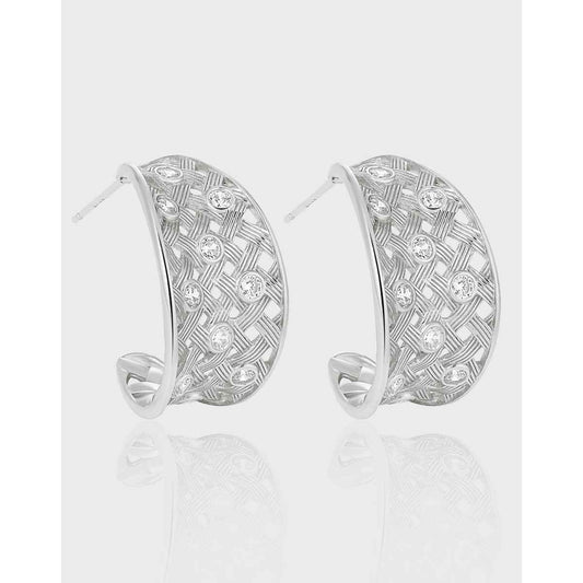 Curved Woven Mesh Silver Hoop Earrings
