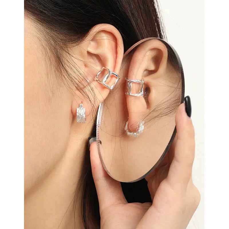 Water Ripple Silver Huggie Earrings
