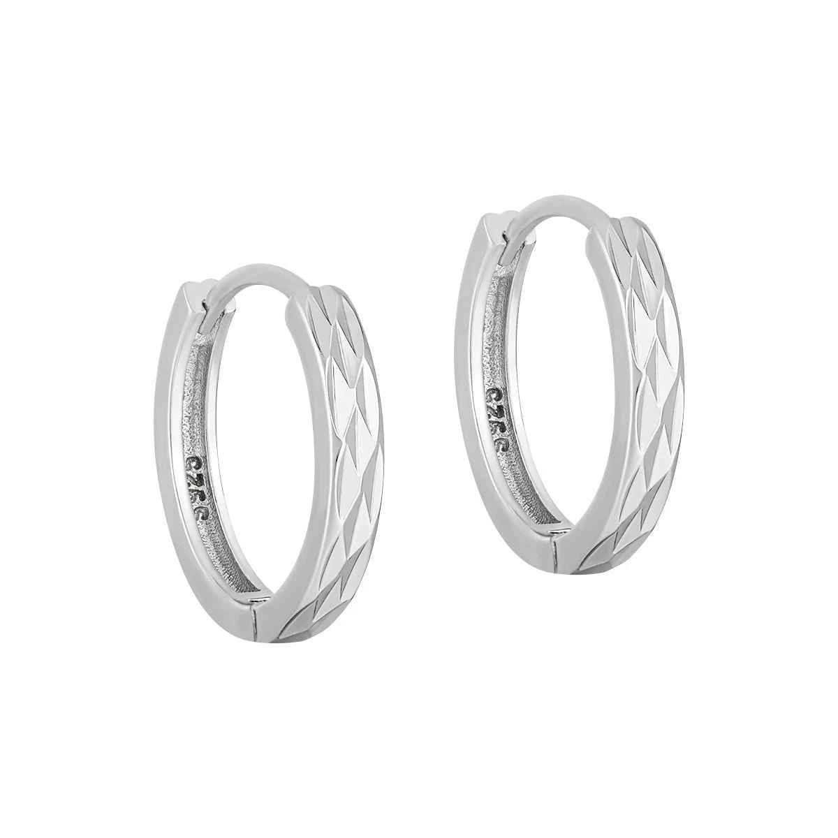 Geometric Diamond-Cut Silver Hoop Earrings