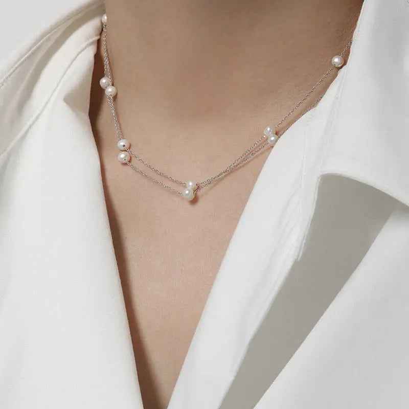 Lumina's Double Layer Silver Pearl Necklace