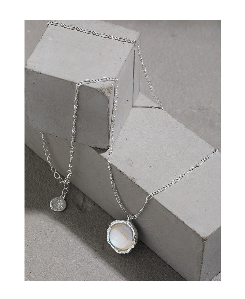 371 Korean version ins niche design sense geometric round inlaid moonstone pendant texture S925 sterling silver necklace women OPHRASTUDIO