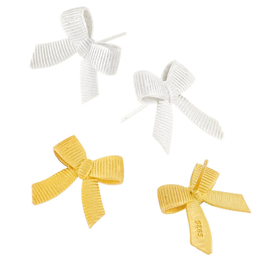 Ribbon Whisper Textured Bow Silver Stud Earrings OPHRASTUDIO