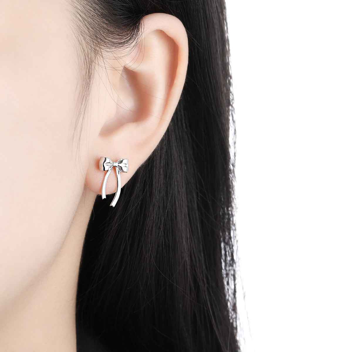 Silver Bow Ribbon Stud Earrings