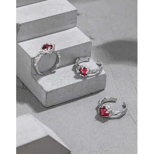 Red Zircon Texture Silver Statement Ring