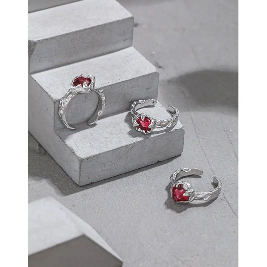 Red Zircon Texture Silver Statement Ring