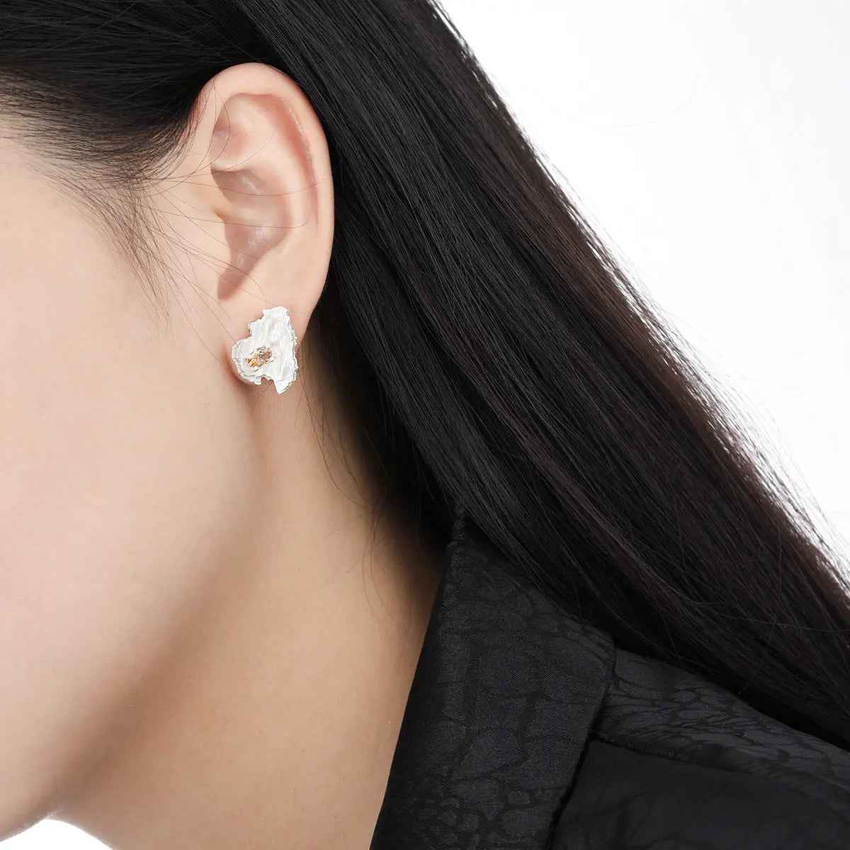 Asymmetric Bark Silver Stud Earrings