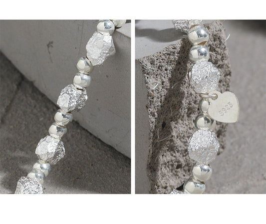 Round Bead Texture Silver Chain Bracelet