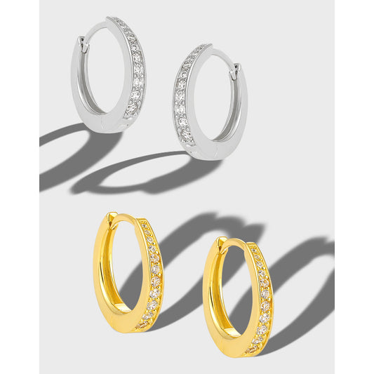 Unilateral Micro-Zircon-Set Silver Hoop Earrings