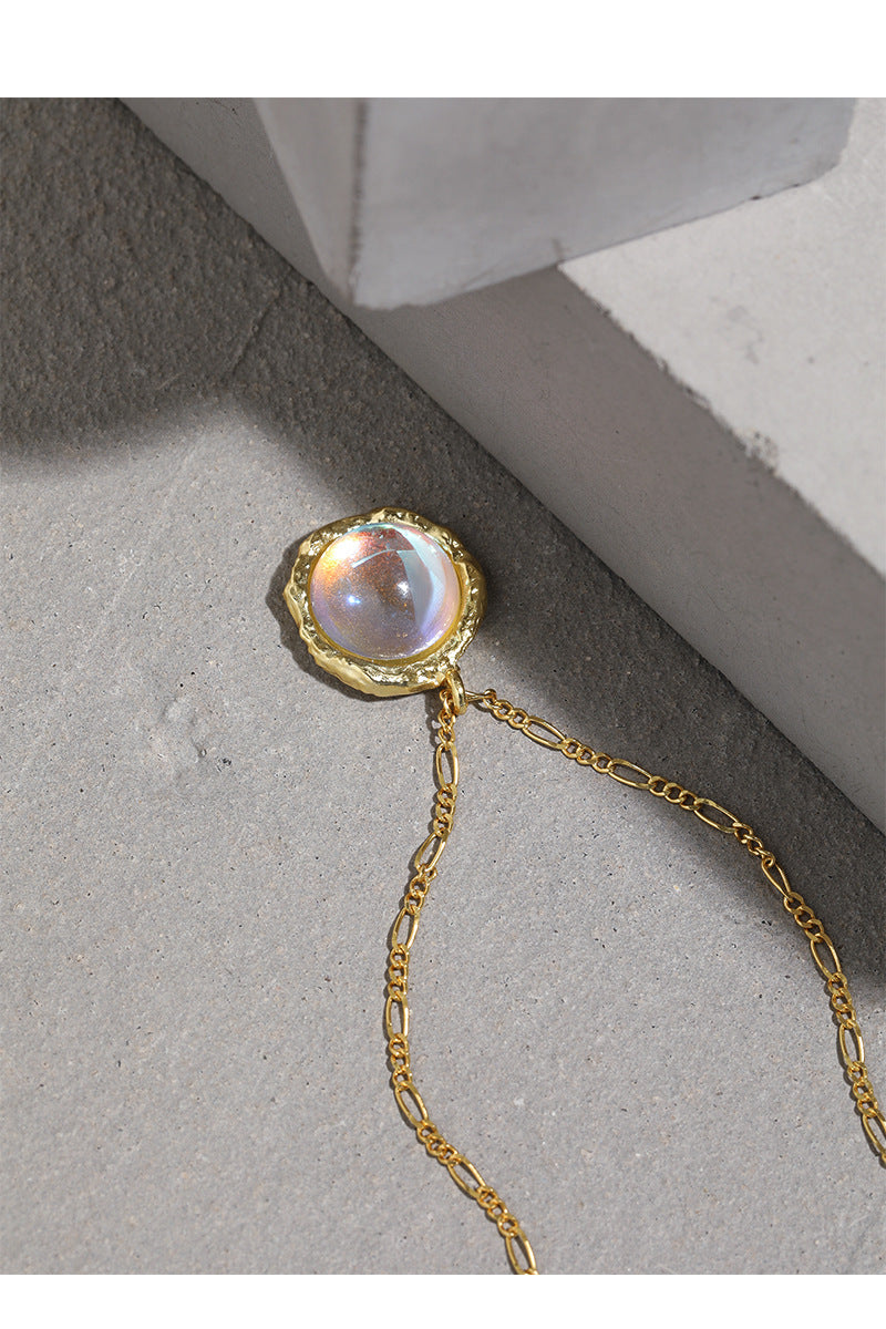 371 Korean version ins niche design sense geometric round inlaid moonstone pendant texture S925 sterling silver necklace women OPHRASTUDIO