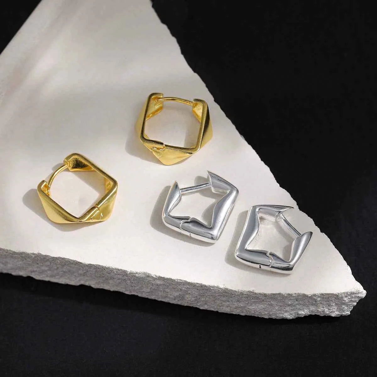 Geometric Dimensional Silver Huggie Earrings