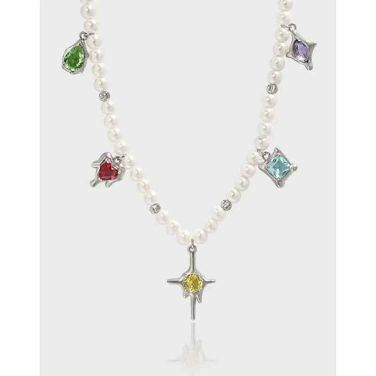 Aurora's Color Zircon Silver Pearl Necklace