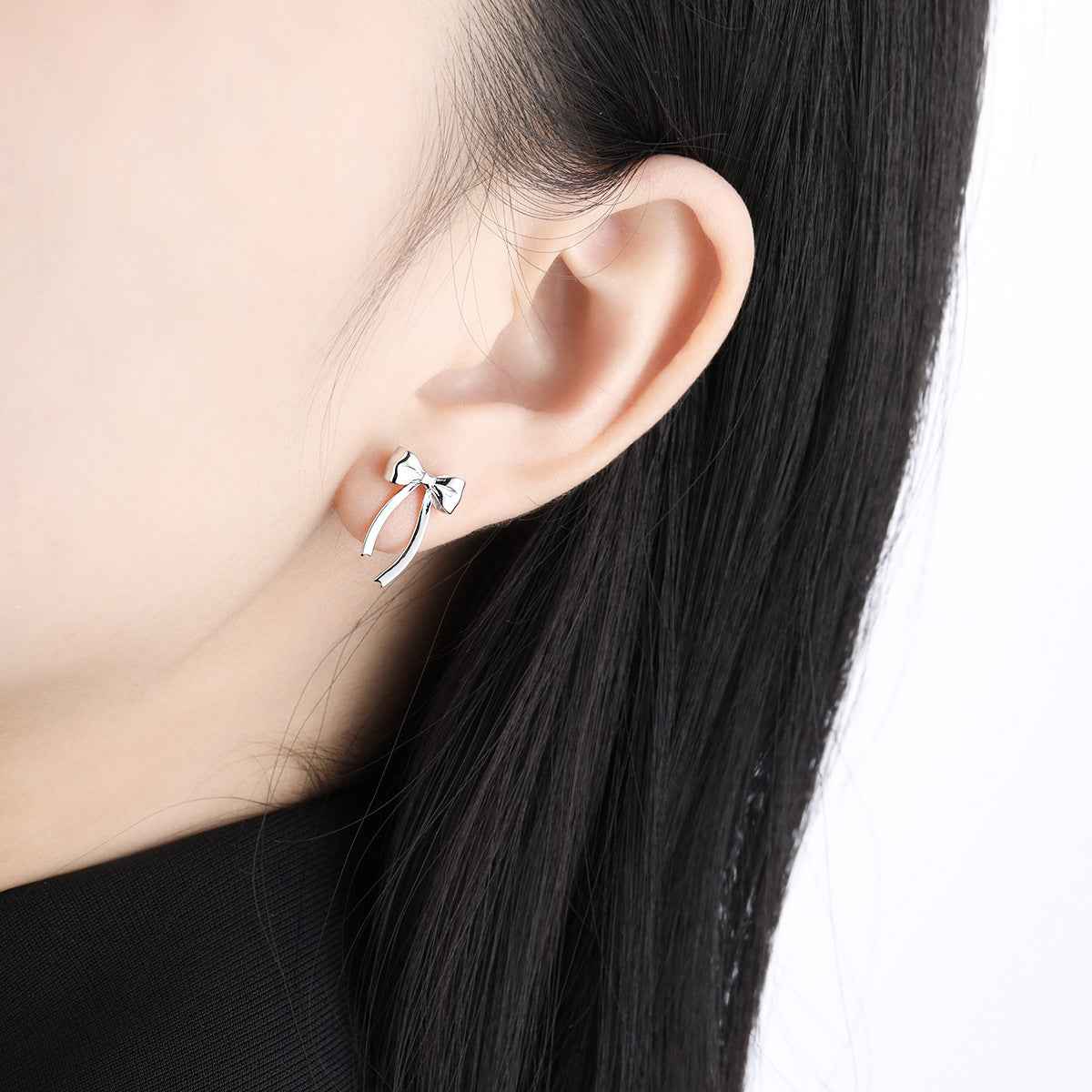 Silver Bow Ribbon Stud Earrings