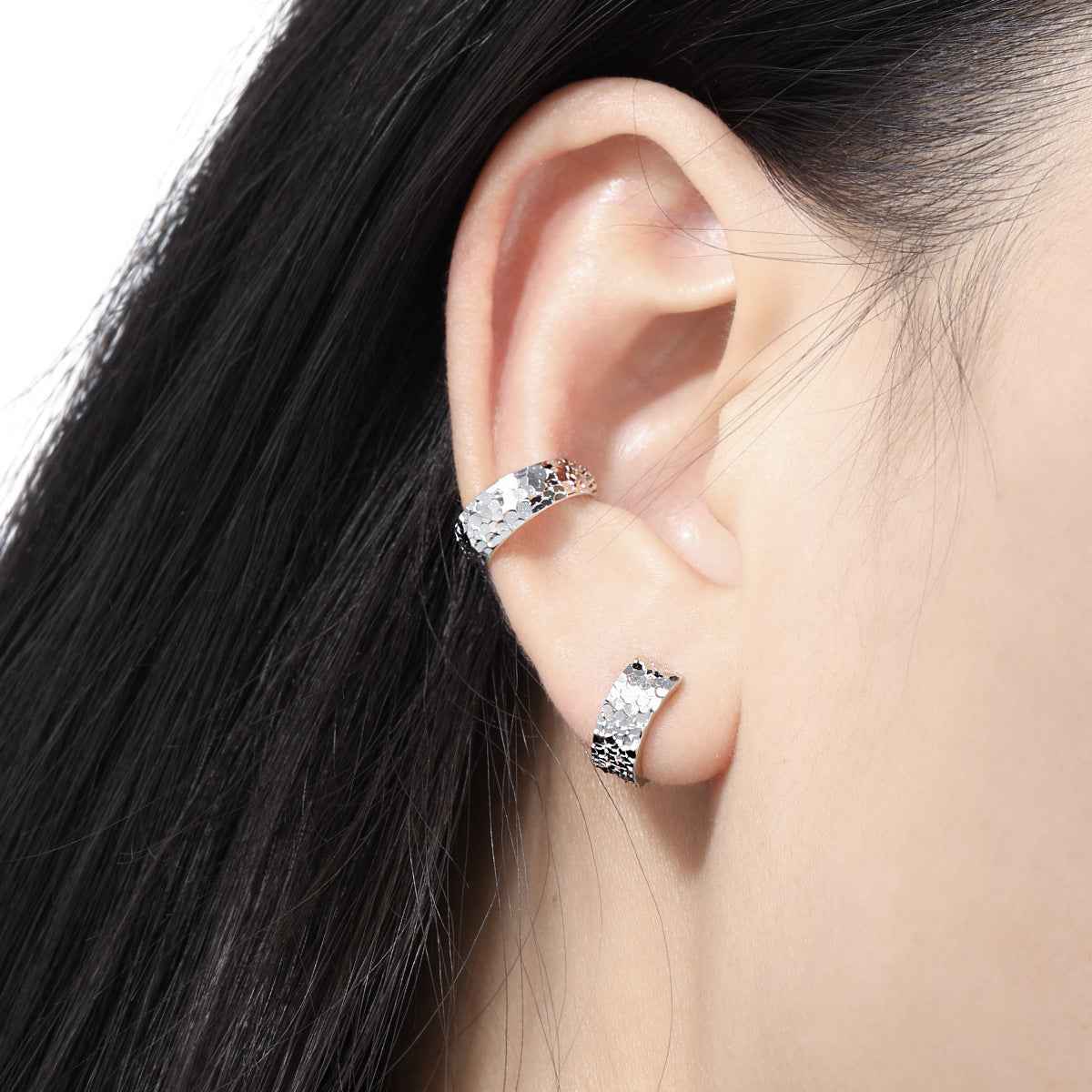 Textured Scales Silver Huggie Earrings