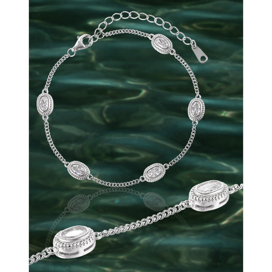 Geometric Oval Zircon-Set Silver Chain Bracelet