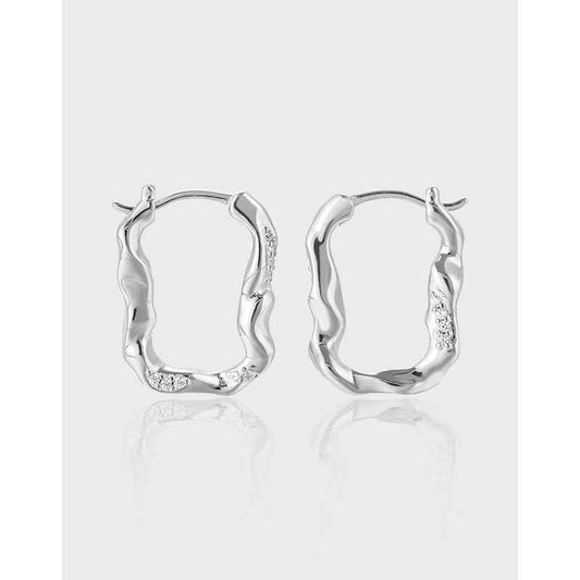 Irregular U-Shaped Zircon-Set Silver Hoop Earrings