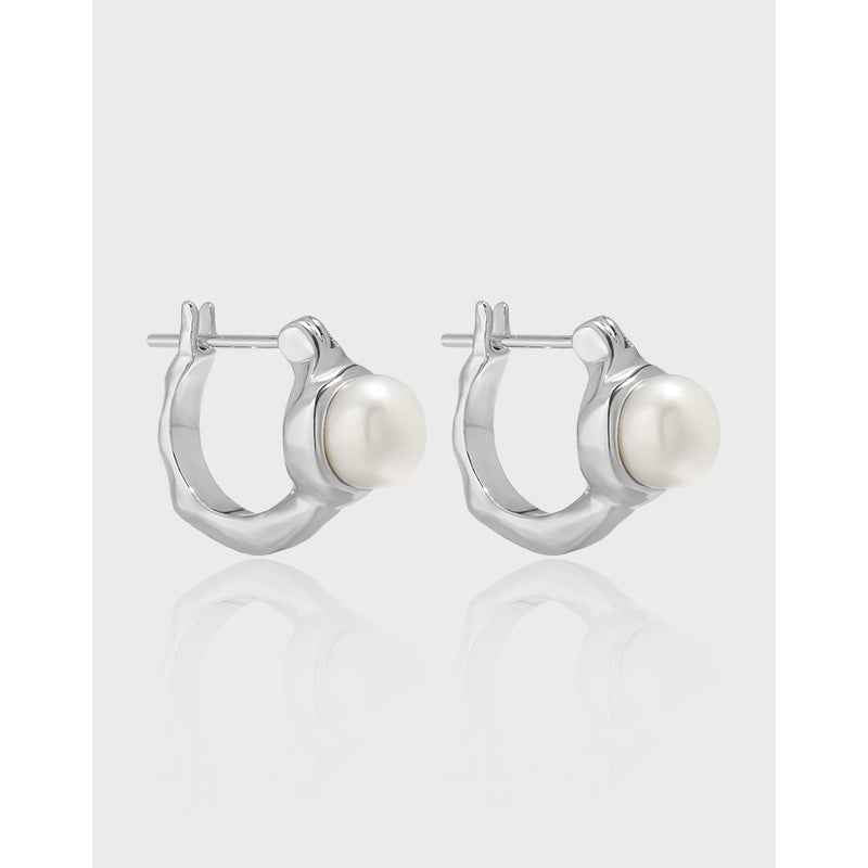 Lustrous Freshwater Pearl Silver Huggie Earrings