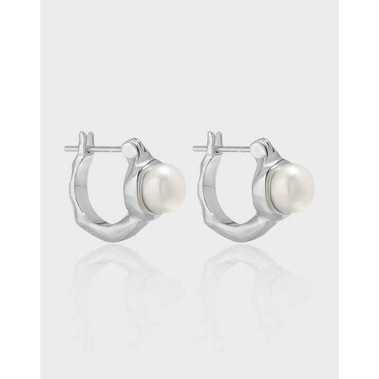 Lustrous Freshwater Pearl Silver Huggie Earrings