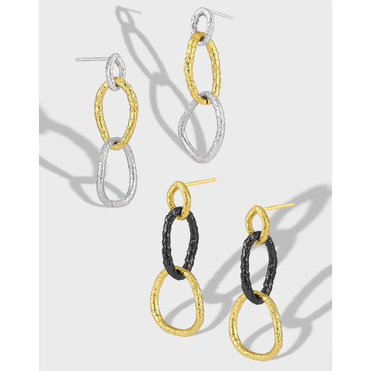 Triple Ring Geometric Silver Drop Earrings