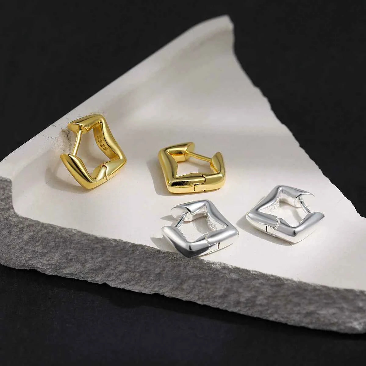 Geometric Dimensional Silver Huggie Earrings