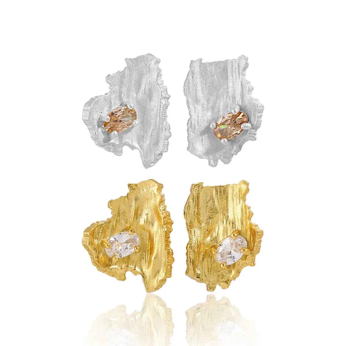 Asymmetric Bark Silver Stud Earrings