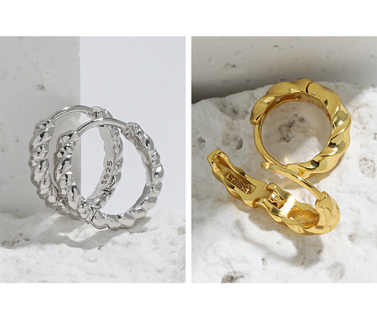 Geometric Round Button Silver Huggie Earrings