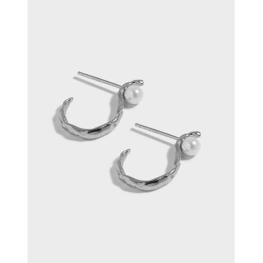 S-Shaped Irregular Surface Silver Pearl Hoop Earrings