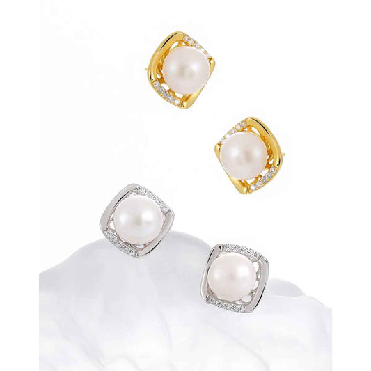 Geometric Zircon-Set Silver Pearl Stud Earrings